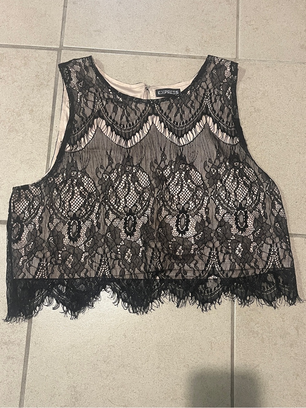 Express Black Lace Crop Top with Nude Underlay